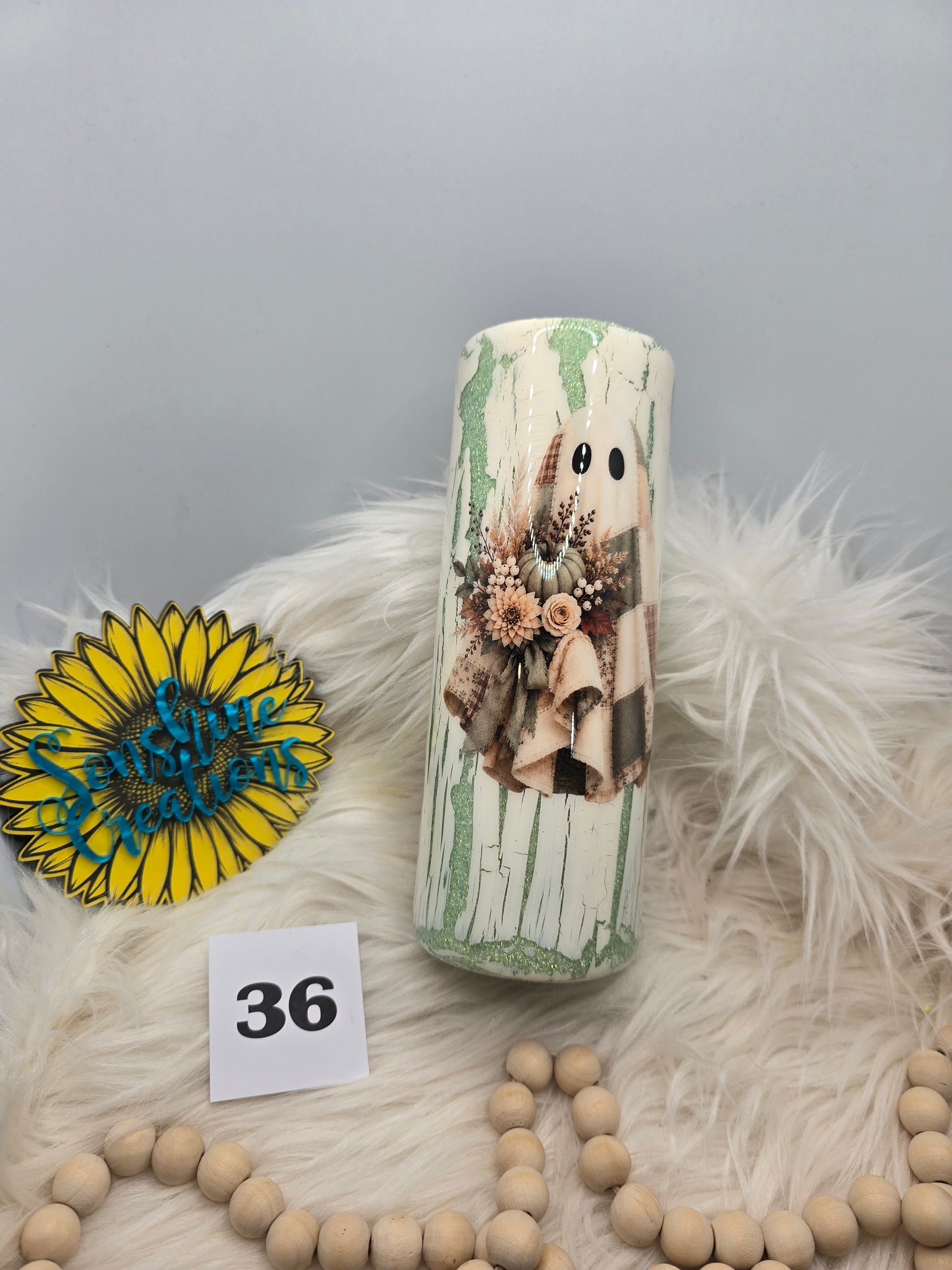 #36 - 20oz Skinny - Ivory Crackle with Patchwork Ghost