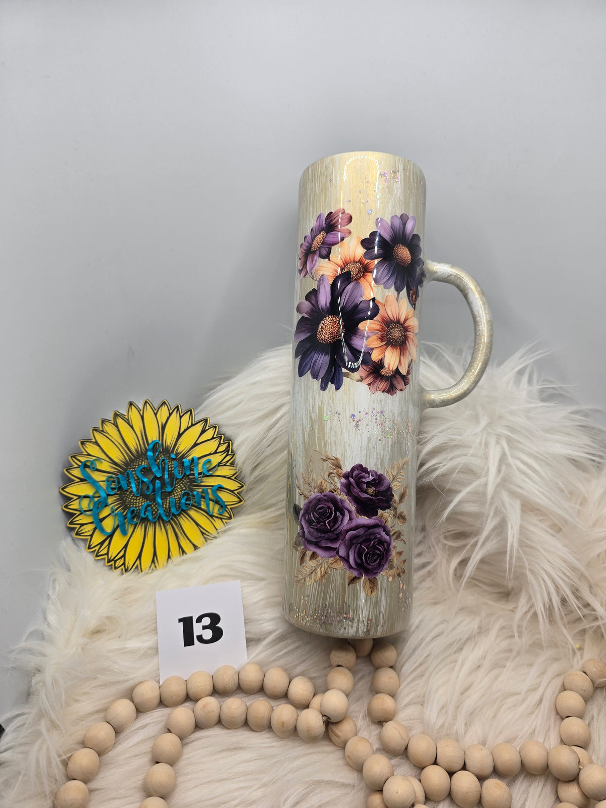 #13 - 32oz Tipsy Plump Handle - Gold Woodgrain Purple Flowers and Difficult Roads