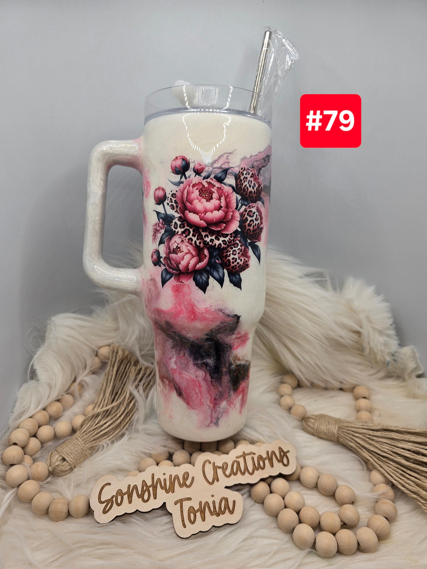 #79 Live Sale 3/15/2026 -40oz Handle- Pink Marble- pink leopard peony