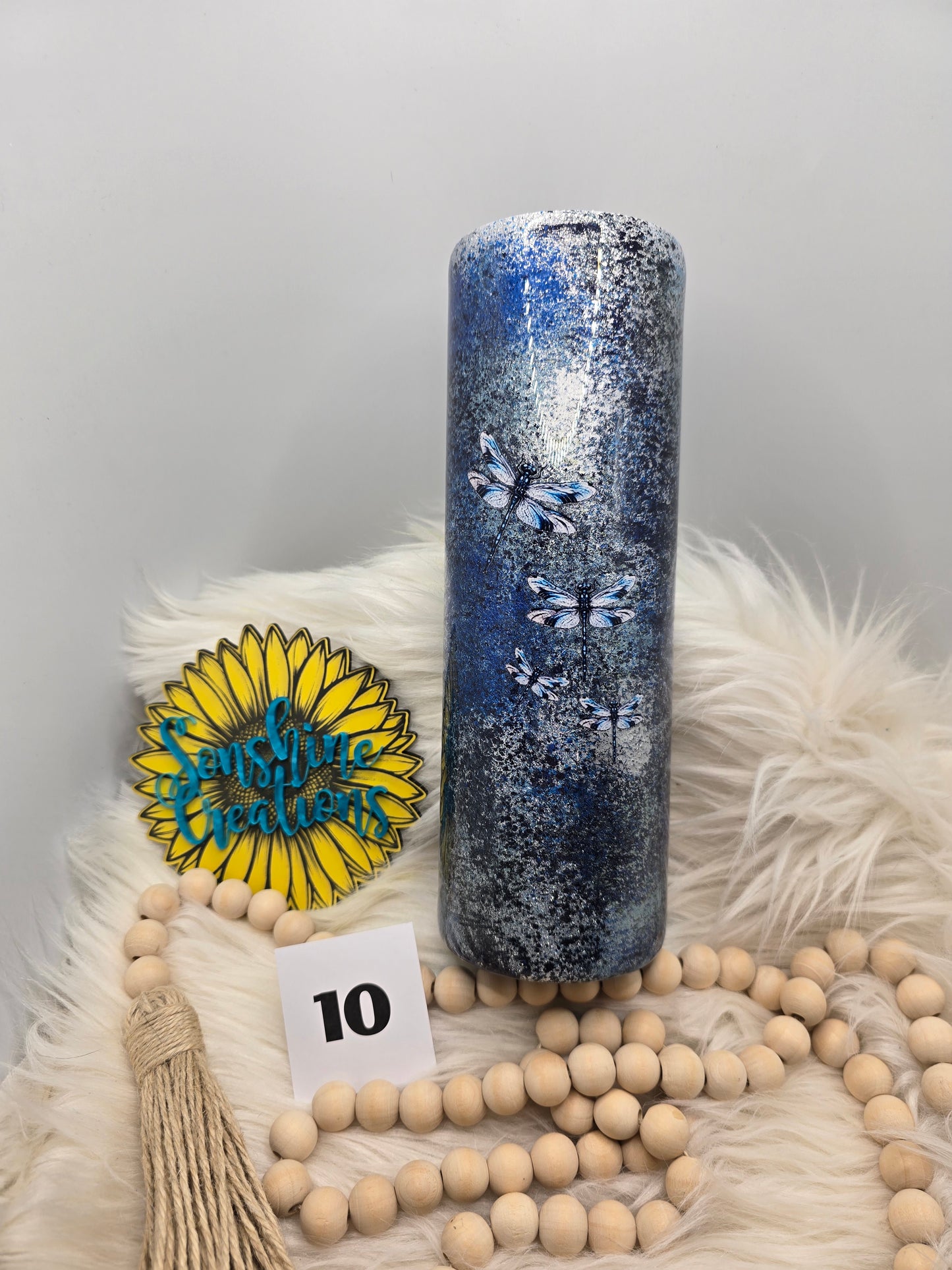 #10 30oz Skinny- Blue silver patina- Dragonflies "Live each day as if its a dream come true"