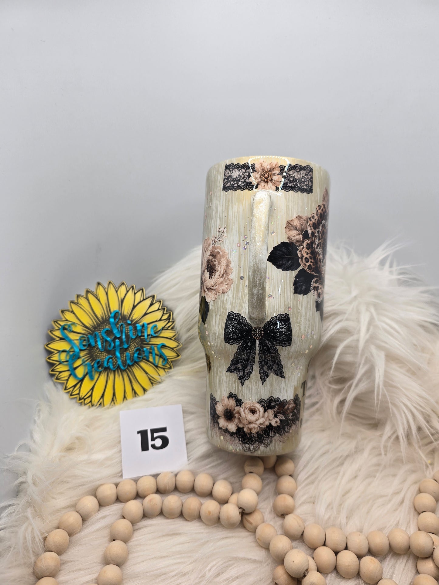 #15 - 32oz Tipsy Traveler - Gold Woodgrain with Leopard Flowers and Life Is Tough quote
