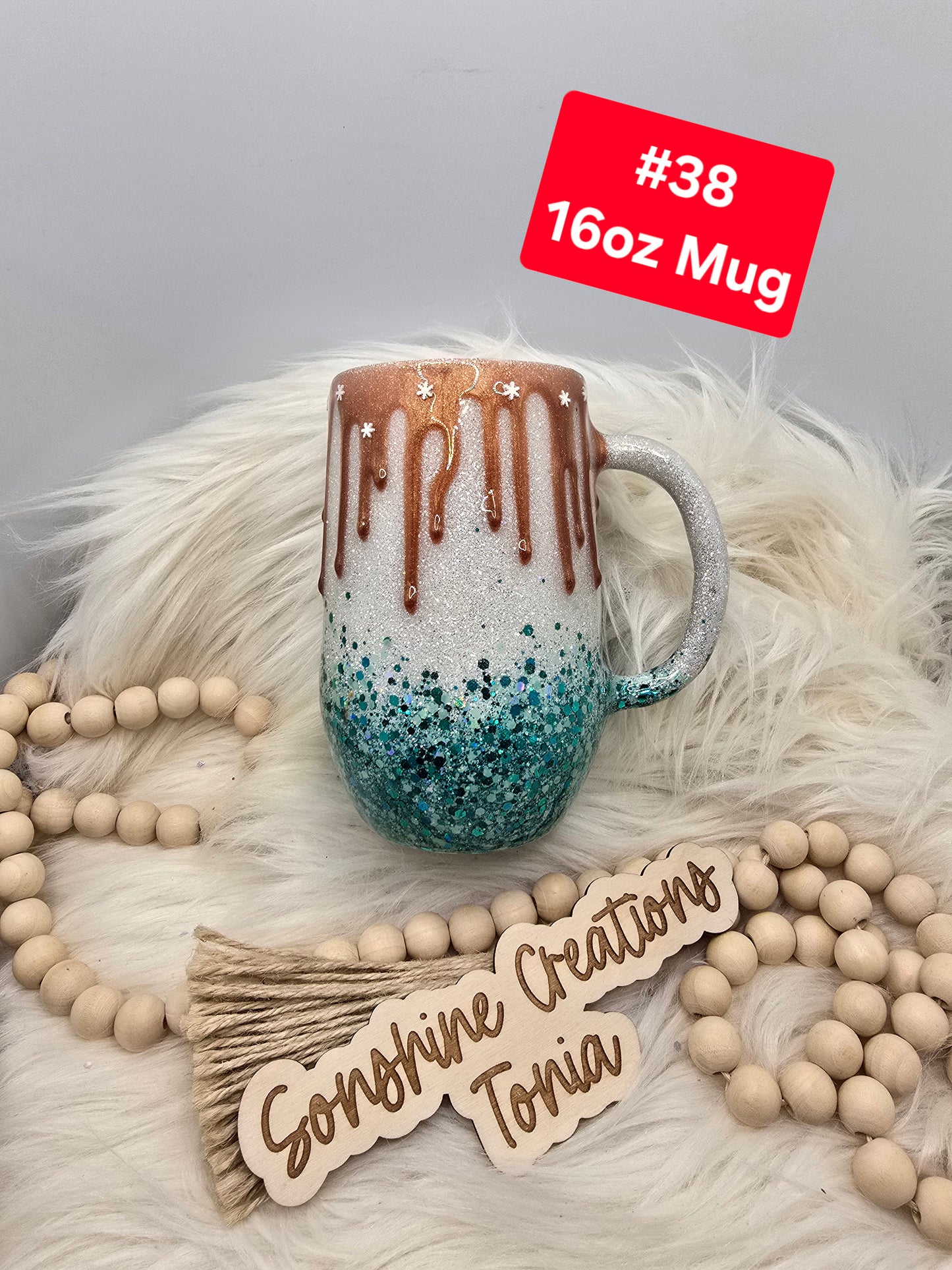 #38 Tonia's Live Creations : 16oz Coffee mug- Peace on Earth teal gnome cocoa drip