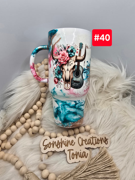#40- Live Sale 07/13/2025 -  24oz Handle- Teal, Pink elegance, Cow skull with guitar