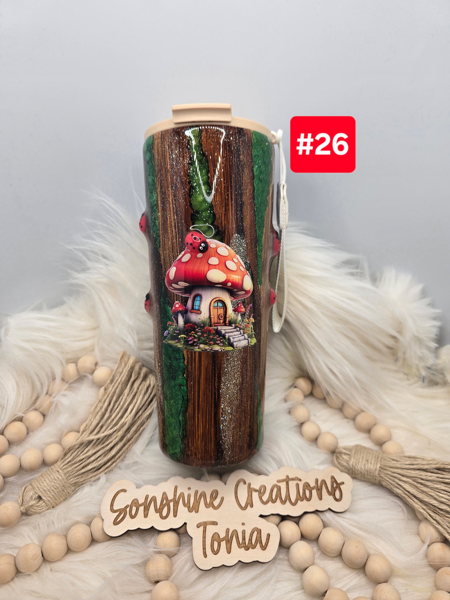 #26 Live Sale 3/15/2026 - 24oz Dual Slip with tan lid- Woodgrain with green pebbles Mushroom and ladybugs