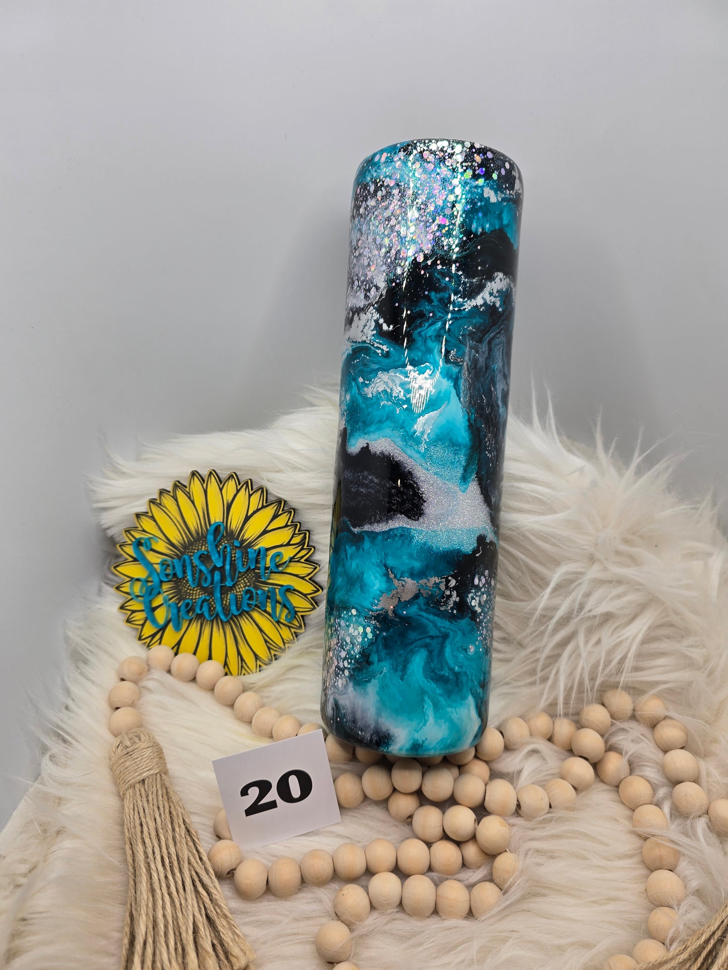 #20 - 35oz Skinny-Teal black glitter swirl