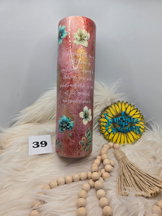 #39 - 35oz Skinny - Teal Flowers - Pink Patina