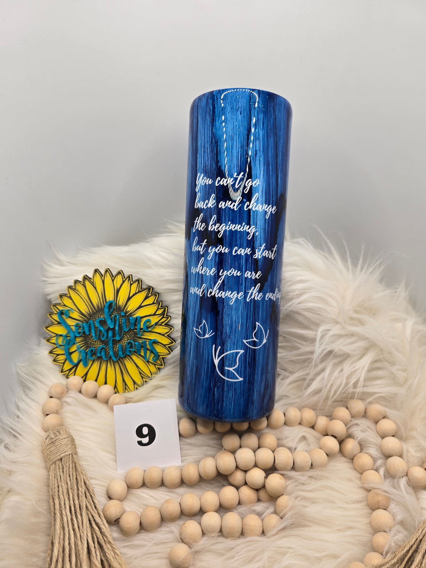 #9 30oz Skinny- Denim woodgrain, floral dragon fly with quote