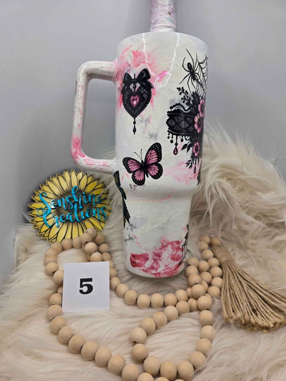 #5 - 40oz Handle - Pink Ink Swirl - Spiderweb Bow