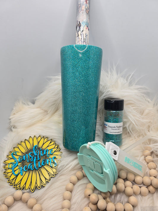Live Hydrodipping base 8/25/26  7pm cst- 24oz dual flip w/mint lid- Freedom Glitter: Peacock Feathers