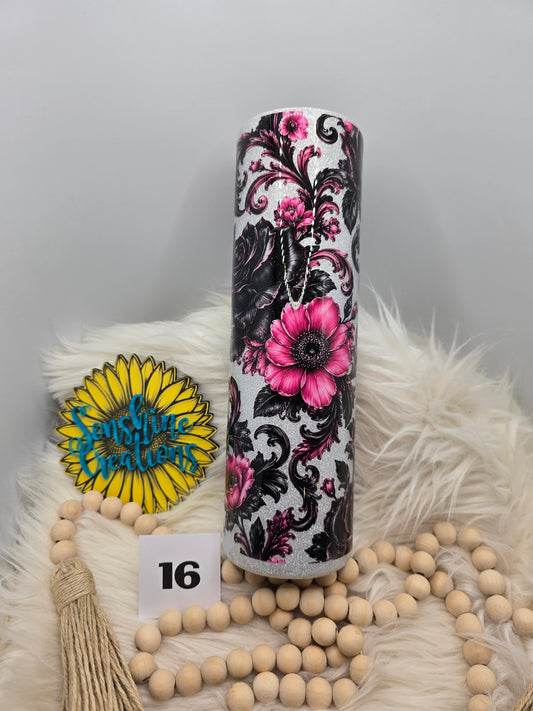 #16 - 35oz Skinny- Pink floral tooled leather