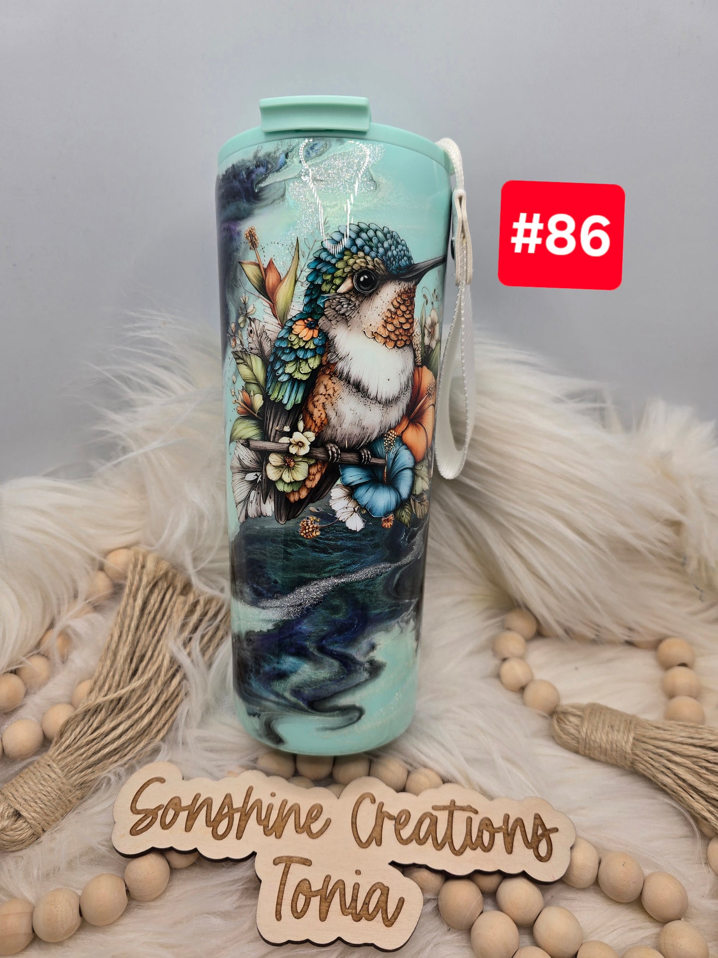 #86 Live Sale 3/15/2026 - 24oz Dual flip mint lid- Ghost marble- Hummingbird