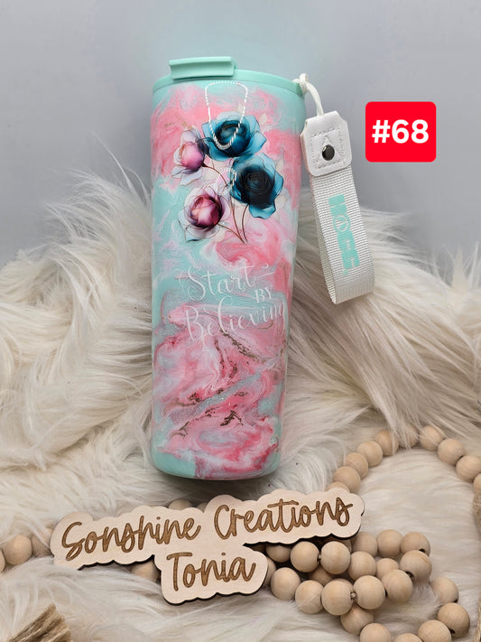 #68 Live Sale 2/01/2026 - 24oz Dual Flip- Mint base pink swirl- teal pink flowers- Start by Believing
