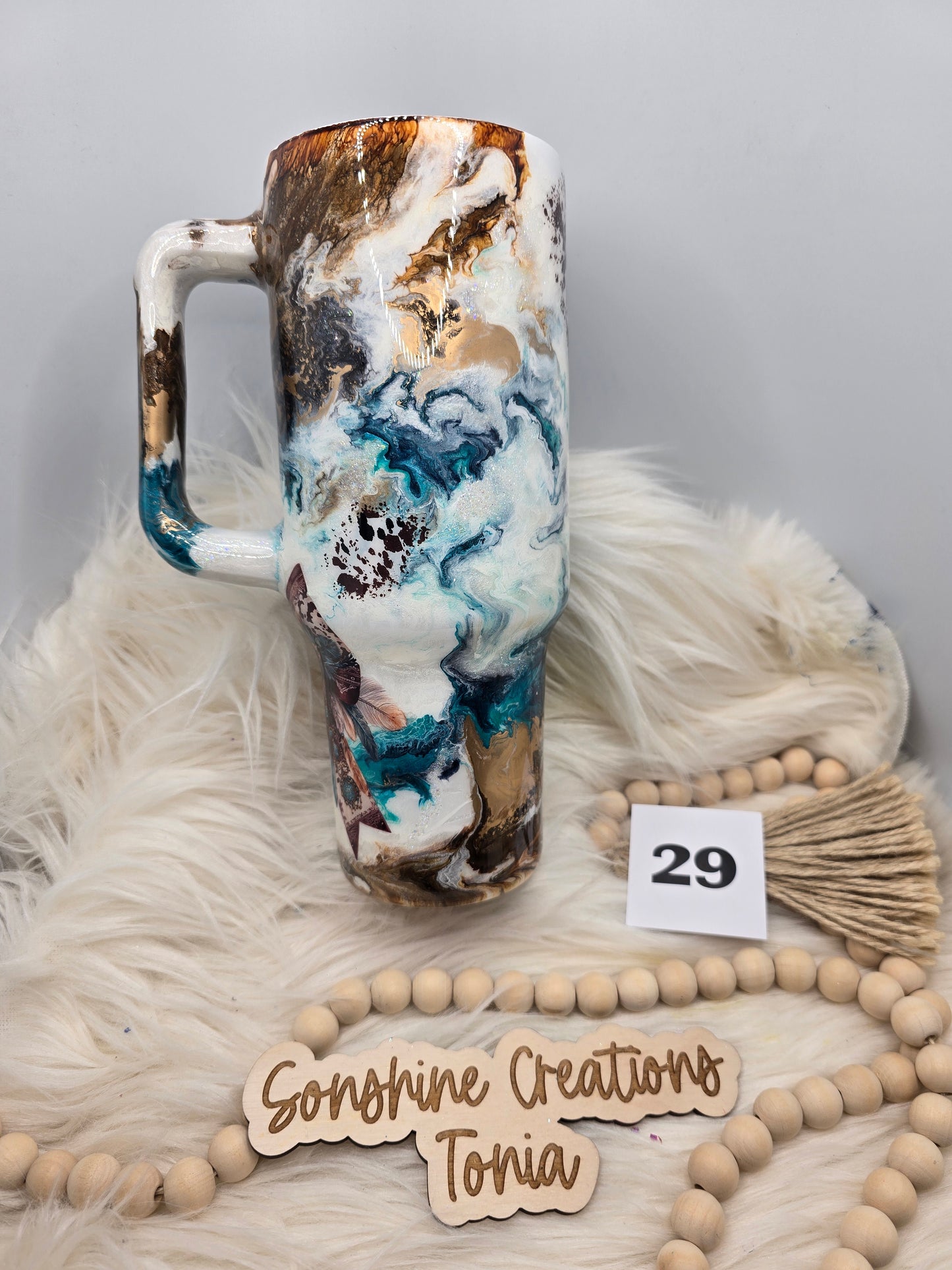 #29 Live Sale 5/31/2026 - 40oz Handle- Teal copper marble- Western bow with cow spots