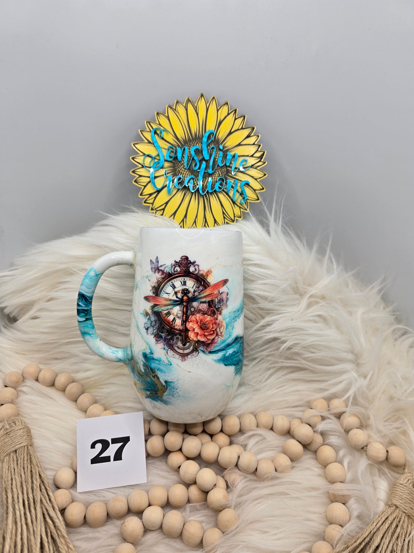 #27 - 16oz Coffee mug- Teal Elegance- Dragonfly clock and key