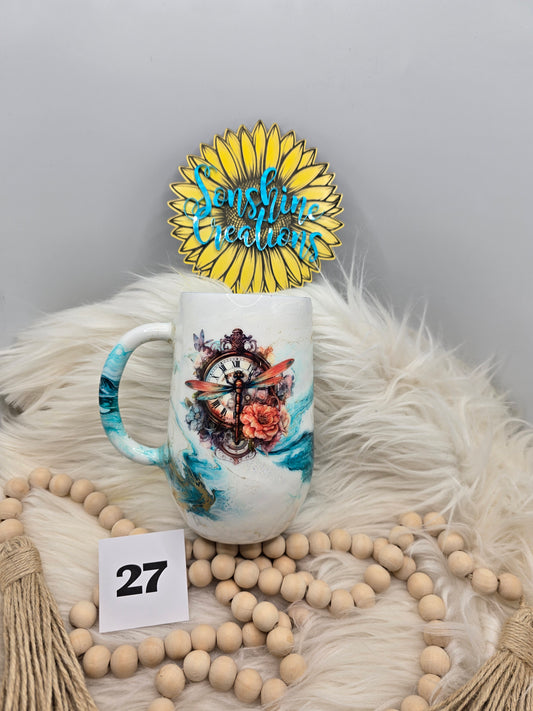#27 - 16oz Coffee mug- Teal Elegance- Dragonfly clock and key