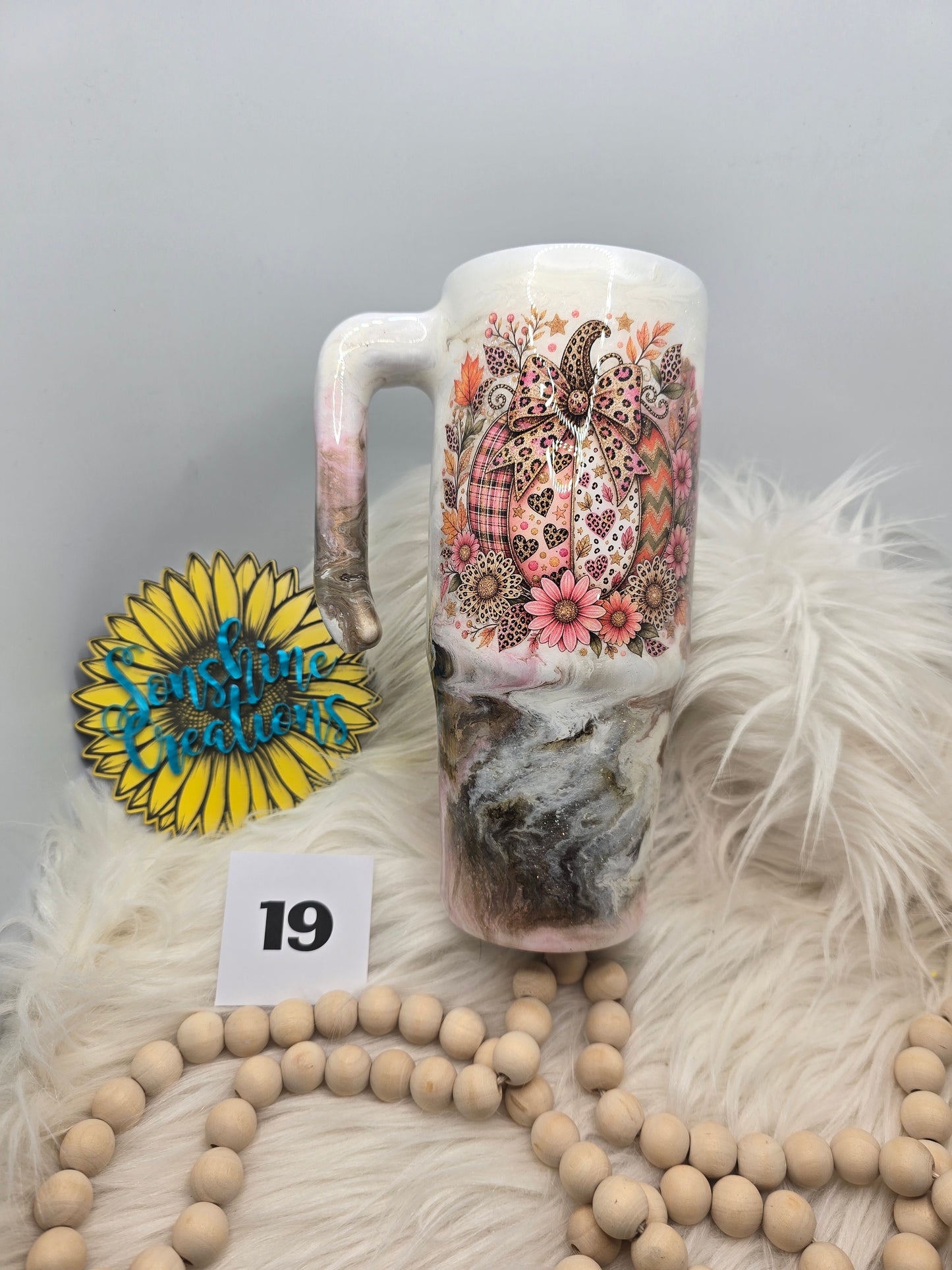 #19 - 30oz Grippy - Pink/Brown Marble with Patchwork Pumpkin