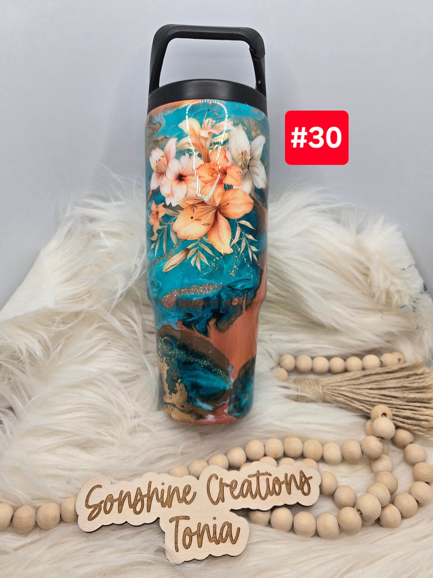 #30 Live Sale 5/03/2026 - 30oz Clipmate-  Sunset copper/teal swirl- Coral/white flowers