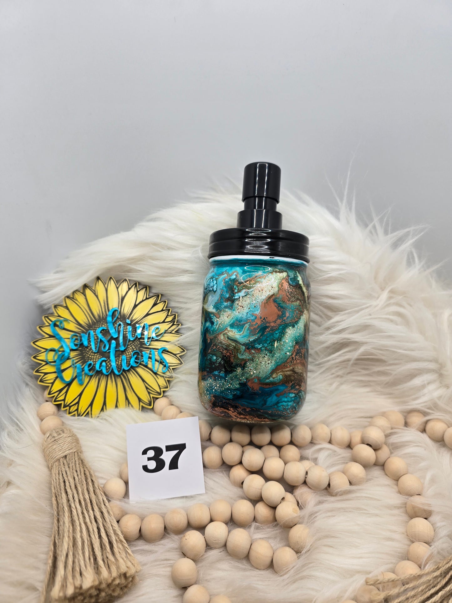 #37- 16oz Glass mason jar soap dispenser- Teal, brown, copper swirl