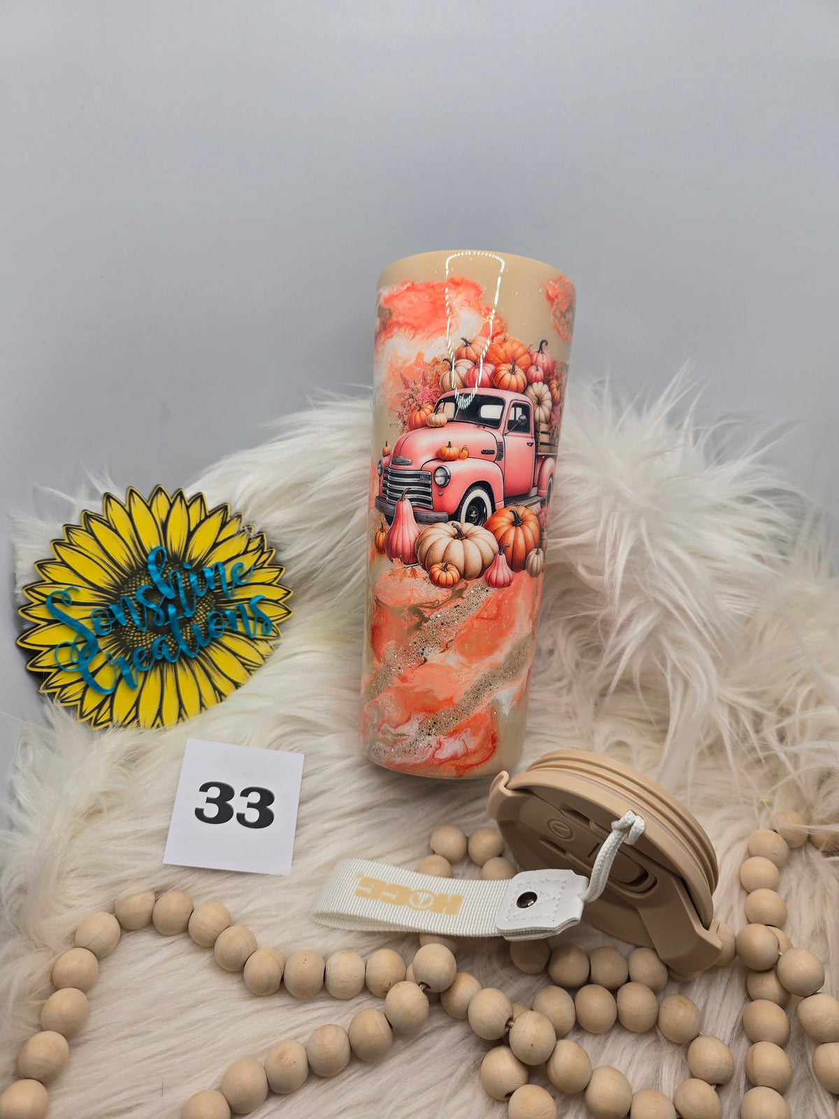 #33 - 24oz Dual Flip, tan lid - Orange Ink Swirl with Coral Fall Truck