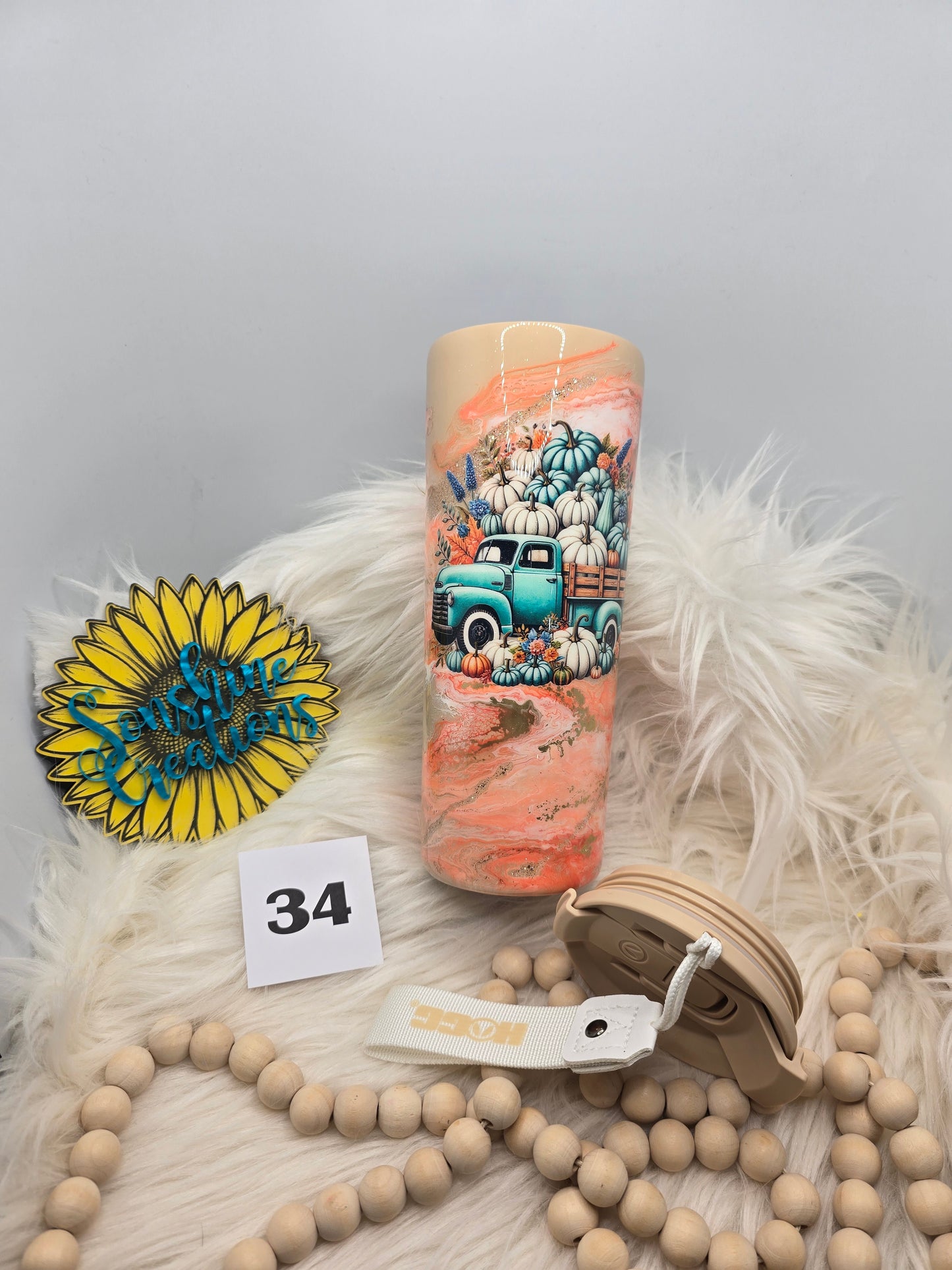 #34 - 24oz Dual Flip, tan lid - Orange Ink Swirl with Teal Fall Truck