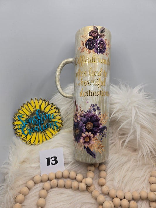 #13 - 32oz Tipsy Plump Handle - Gold Woodgrain Purple Flowers and Difficult Roads