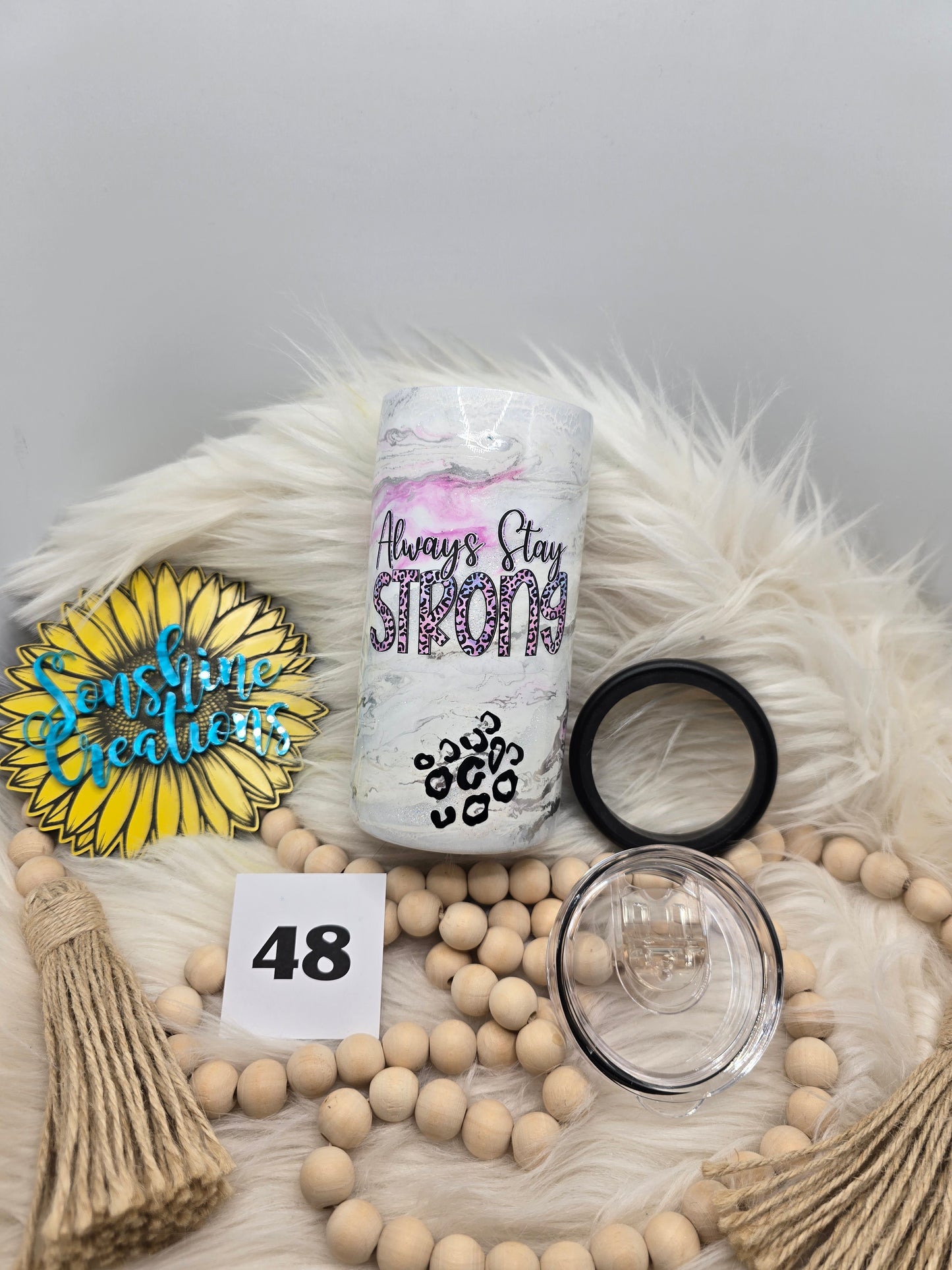 #48- 12oz Slim can cooler/cup-  Purple elegance with leopard- "Always stay strong"