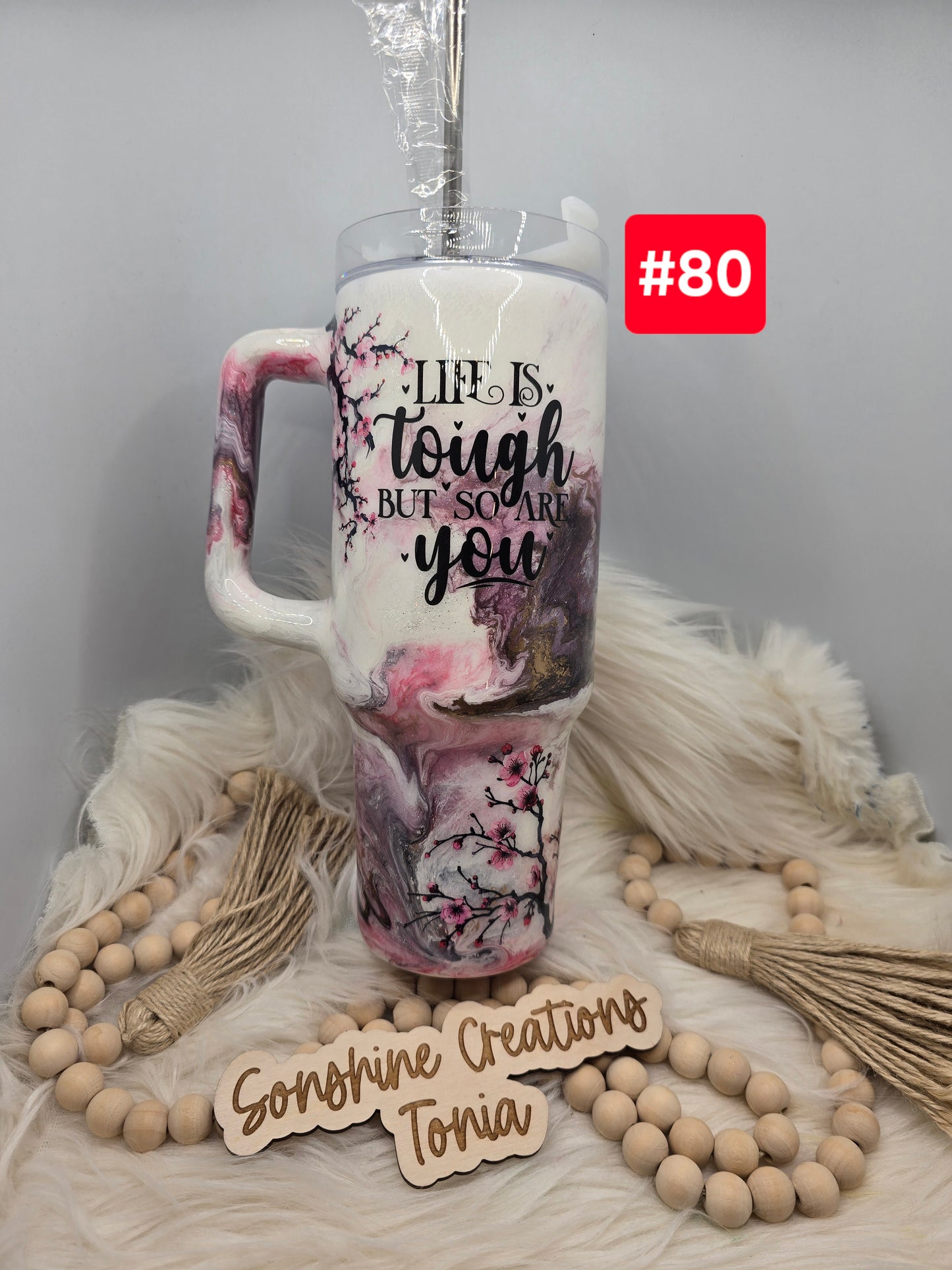 #80 Live Sale 3/15/2026 -40oz Handle- Pink Marble- Cherry Blossoms- Life is tough