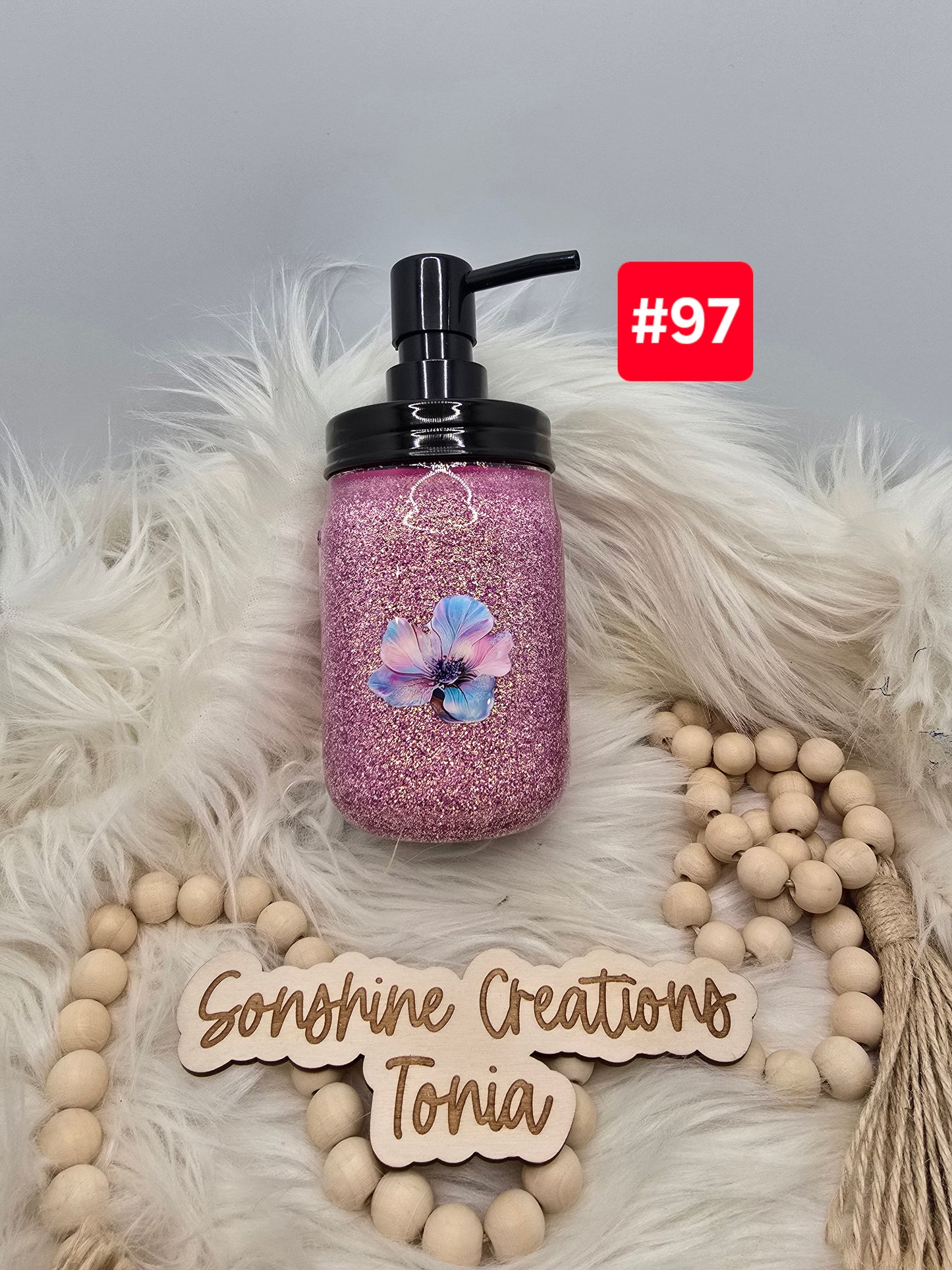 #97-Live Sale 12/07/2025 - 16oz soap dispenser- Pink glitter- Pink purple flowers
